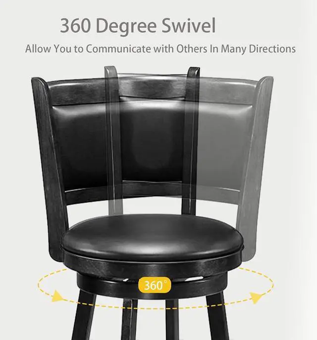 Alt view image 4 of 7 - ERGOMASTER Bar Stools Set of 4, 29 Bar Height Stools for Kitchen Island, Rubber Wood, Swivel Barstools with Backs for Pub, Restaurant, Black