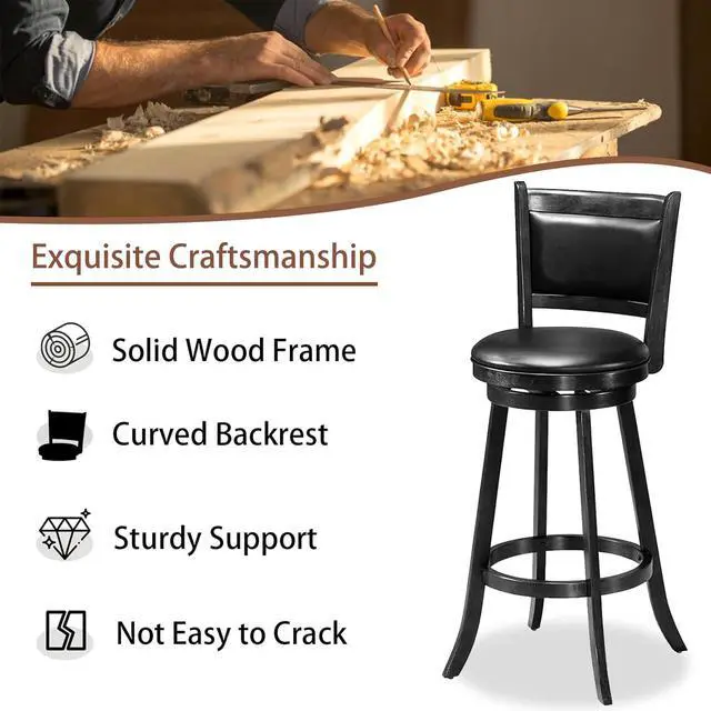 Alt view image 5 of 7 - ERGOMASTER Bar Stools Set of 4, 29 Bar Height Stools for Kitchen Island, Rubber Wood, Swivel Barstools with Backs for Pub, Restaurant, Black