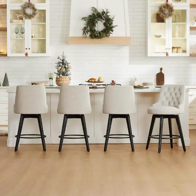 Alt view image 2 of 7 - Watson & Whitely Counter Height Bar Stools, Performance Fabric Upholstered Modern Swivel Barstool with Back, Solid Wood Legs, 26" H Seat, Linen