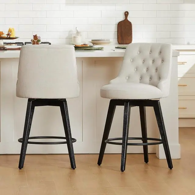 Alt view image 4 of 7 - Watson & Whitely Counter Height Bar Stools, Performance Fabric Upholstered Modern Swivel Barstool with Back, Solid Wood Legs, 26" H Seat, Linen