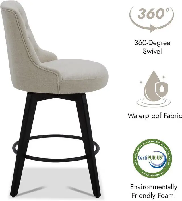 Alt view image 5 of 7 - Watson & Whitely Counter Height Bar Stools, Performance Fabric Upholstered Modern Swivel Barstool with Back, Solid Wood Legs, 26" H Seat, Linen