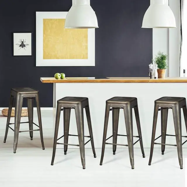 Alt view image 4 of 7 - GOFLAME 24" Metal Bar Stools Set of 4, Industrial Cafe Side Chairs with Removable Back and Rubber Feet, Stackable Counter Stool for Bistro, Cafe, Kitchen, Living Room, Gun