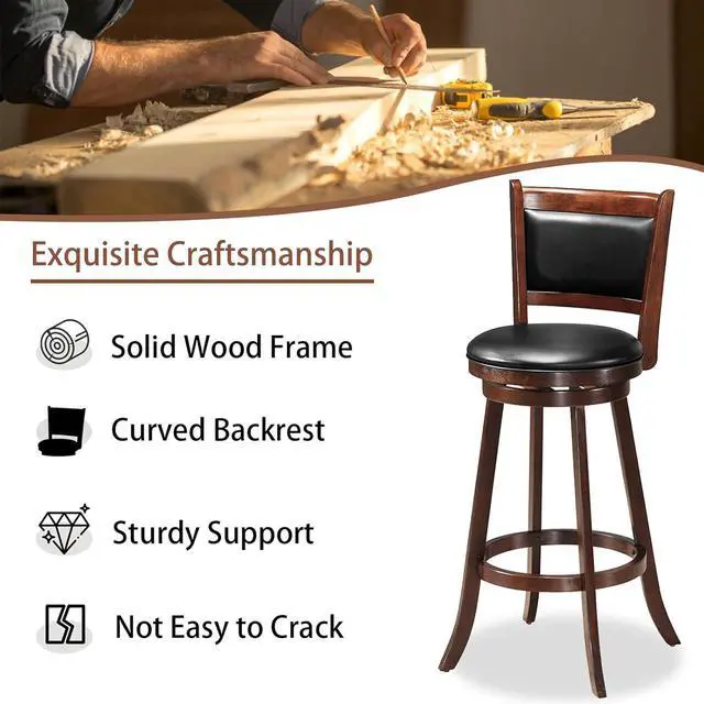 Alt view image 4 of 6 - ERGOMASTER 29 Swivel Bar Stools with Back, Rubber Wood, Brown, Set of 2
