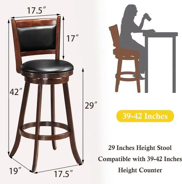 Alt view image 2 of 6 - ERGOMASTER 29 Swivel Bar Stools with Back, Rubber Wood, Brown, Set of 2