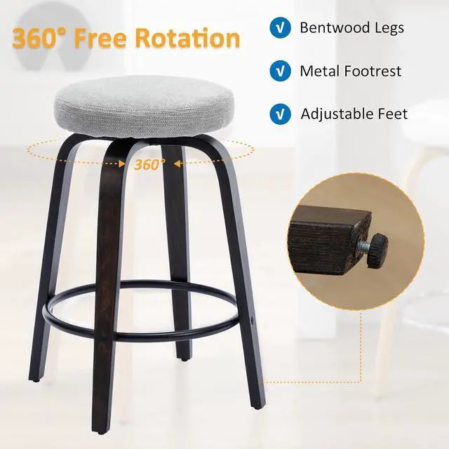 Alt view image 5 of 7 - Swivel Bar Stools Set of 2 for Island Kitchen, Modern 26" Backless Counter Height Bar Stools, 360 Swivel Seat Grey