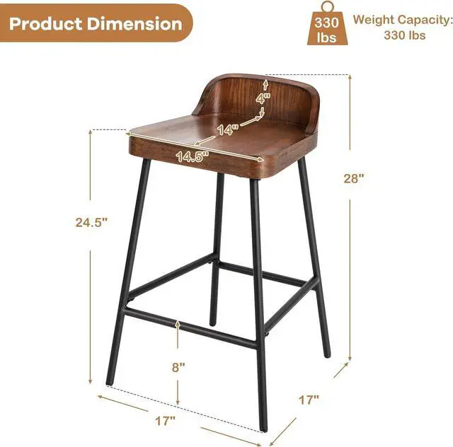 Alt view image 3 of 7 - COSTWAY Bar Stool, 24.5-Inch Height Industrial Pub Stool with Backrest and Footrest, Metal Legs, Low-Back Breakfast Counter Height Chair for Living Room Kitchen Bar, Rustic Brown & Black