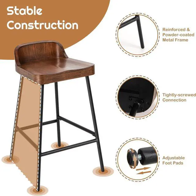 Alt view image 7 of 7 - COSTWAY Bar Stool, 24.5-Inch Height Industrial Pub Stool with Backrest and Footrest, Metal Legs, Low-Back Breakfast Counter Height Chair for Living Room Kitchen Bar, Rustic Brown & Black