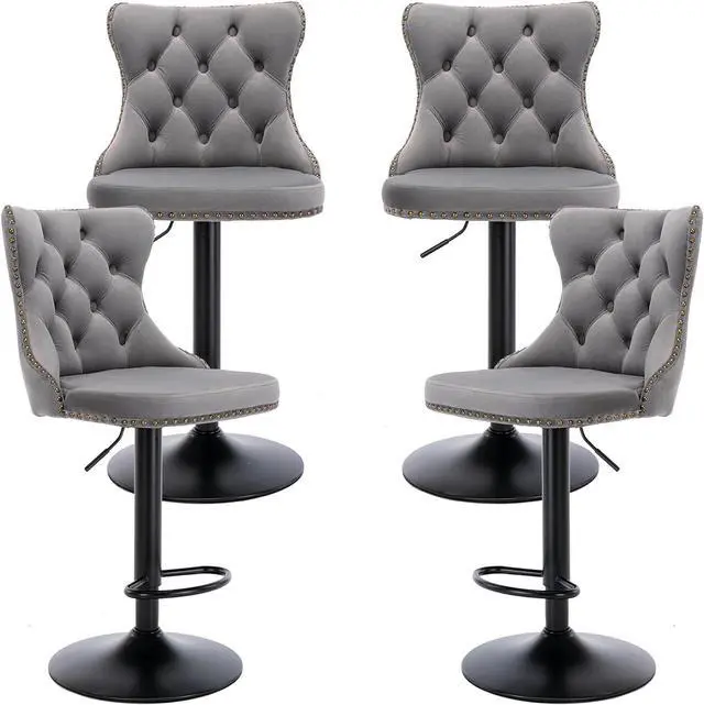 Main image of Swivel Counter Height Bar Stools Set of 4, Gray Kitchen Island Barstools, Velvet Adjustable Bar Height Stool Chairs, Tufted Back, Black Metal Base, Sillas para Barra de Cocina (Grey, Velvet, 4 Pcs)