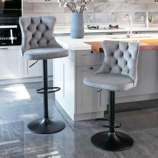 Alt view image 2 of 6 - Swivel Counter Height Bar Stools Set of 4, Gray Kitchen Island Barstools, Velvet Adjustable Bar Height Stool Chairs, Tufted Back, Black Metal Base, Sillas para Barra de Cocina (Grey, Velvet, 4 Pcs)