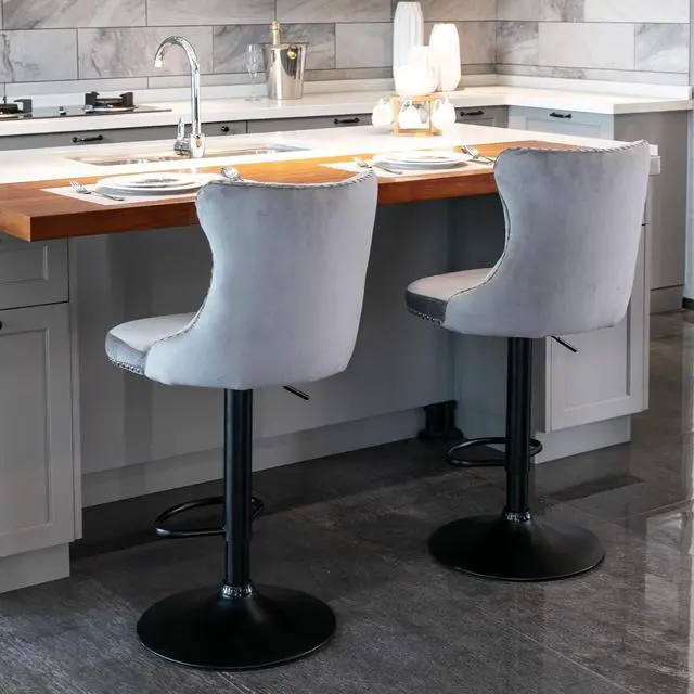 Alt view image 4 of 6 - Swivel Counter Height Bar Stools Set of 4, Gray Kitchen Island Barstools, Velvet Adjustable Bar Height Stool Chairs, Tufted Back, Black Metal Base, Sillas para Barra de Cocina (Grey, Velvet, 4 Pcs)