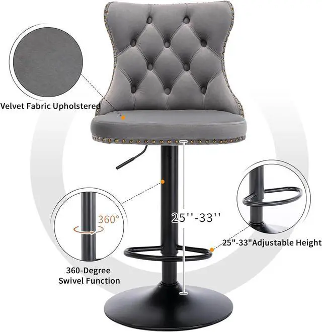 Alt view image 5 of 6 - Swivel Counter Height Bar Stools Set of 4, Gray Kitchen Island Barstools, Velvet Adjustable Bar Height Stool Chairs, Tufted Back, Black Metal Base, Sillas para Barra de Cocina (Grey, Velvet, 4 Pcs)