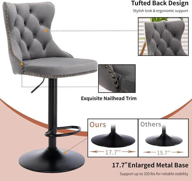 Alt view image 6 of 6 - Swivel Counter Height Bar Stools Set of 4, Gray Kitchen Island Barstools, Velvet Adjustable Bar Height Stool Chairs, Tufted Back, Black Metal Base, Sillas para Barra de Cocina (Grey, Velvet, 4 Pcs)