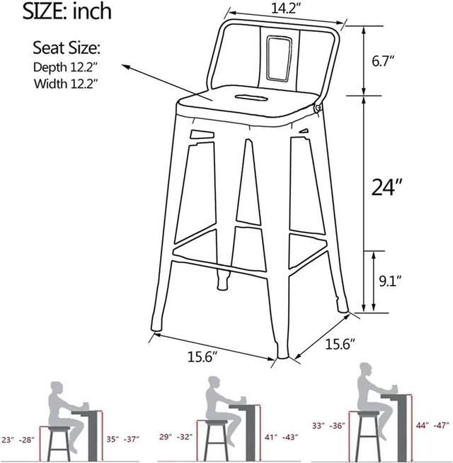 Alt view image 3 of 7 - Yongqiang 24 inch Metal Bar Stools Set of 4 Indoor Outdoor Bar Stools with Back Kitchen Dining Counter Stools Bar Chairs Matte Black