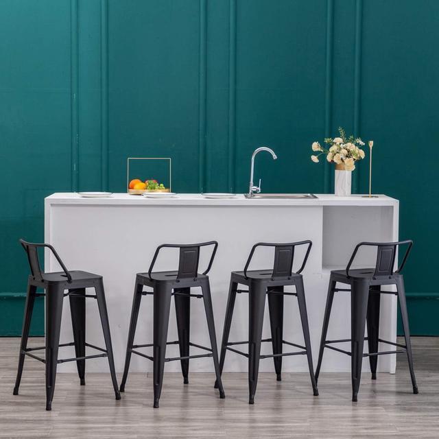 Alt view image 4 of 7 - Yongqiang 24 inch Metal Bar Stools Set of 4 Indoor Outdoor Bar Stools with Back Kitchen Dining Counter Stools Bar Chairs Matte Black