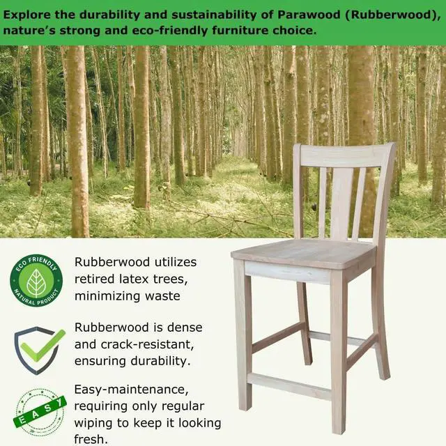 Alt view image 3 of 7 - IC International Concepts, San Remo Counter Stool 225lbs wt Capacity, Solid Real Wood, Sturdy Parawood, 24" Seat Height, DIY, Paint/Stain Ready, Unfinished