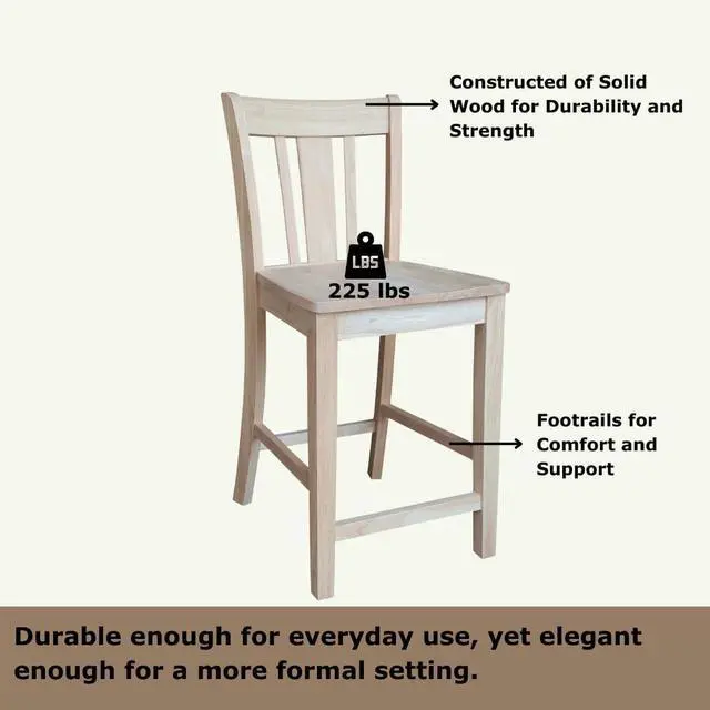 Alt view image 5 of 7 - IC International Concepts, San Remo Counter Stool 225lbs wt Capacity, Solid Real Wood, Sturdy Parawood, 24" Seat Height, DIY, Paint/Stain Ready, Unfinished