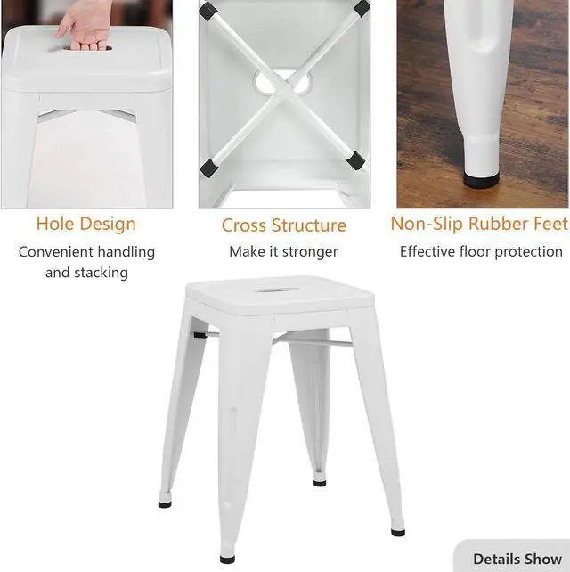 Alt view image 6 of 6 - WENTMENT 18 Inch Stools Set of 4 Dining Room Chairs Vintage Stackable Backless Stools for Classroom Home Kitchen Metal Stools White