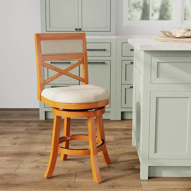 Alt view image 2 of 7 - DTY Indoor Living Meeker X Back Fabric Swivel Stool, 24 Counter Height, Natural Finish, Beige Fabric Seat