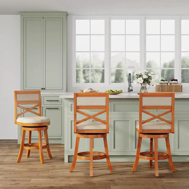 Alt view image 4 of 7 - DTY Indoor Living Meeker X Back Fabric Swivel Stool, 24 Counter Height, Natural Finish, Beige Fabric Seat
