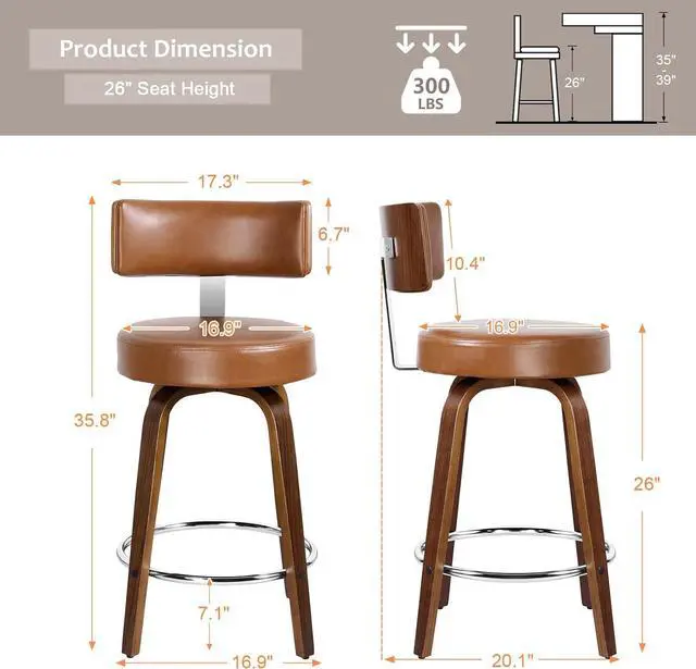 Alt view image 2 of 7 - Counter Height Bar Stools Set of 3, Modern Swivel Barstools with Back and Round Seat, PU Leather Upholstered Bar Chairs Island Stools for Kitchen Counter, Walnut Bentwood Legs, Brown