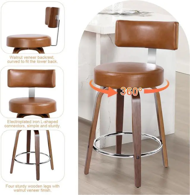 Alt view image 3 of 7 - Counter Height Bar Stools Set of 3, Modern Swivel Barstools with Back and Round Seat, PU Leather Upholstered Bar Chairs Island Stools for Kitchen Counter, Walnut Bentwood Legs, Brown