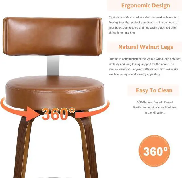 Alt view image 4 of 7 - Counter Height Bar Stools Set of 3, Modern Swivel Barstools with Back and Round Seat, PU Leather Upholstered Bar Chairs Island Stools for Kitchen Counter, Walnut Bentwood Legs, Brown