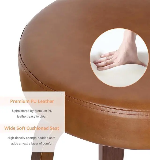 Alt view image 5 of 7 - Counter Height Bar Stools Set of 3, Modern Swivel Barstools with Back and Round Seat, PU Leather Upholstered Bar Chairs Island Stools for Kitchen Counter, Walnut Bentwood Legs, Brown