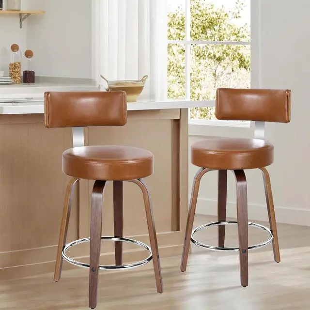 Alt view image 6 of 7 - Counter Height Bar Stools Set of 3, Modern Swivel Barstools with Back and Round Seat, PU Leather Upholstered Bar Chairs Island Stools for Kitchen Counter, Walnut Bentwood Legs, Brown