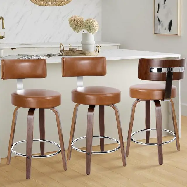 Main image of Counter Height Bar Stools Set of 3, Modern Swivel Barstools with Back and Round Seat, PU Leather Upholstered Bar Chairs Island Stools for Kitchen Counter, Walnut Bentwood Legs, Brown