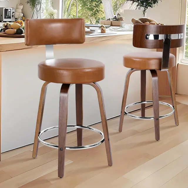 Alt view image 7 of 7 - Counter Height Bar Stools Set of 3, Modern Swivel Barstools with Back and Round Seat, PU Leather Upholstered Bar Chairs Island Stools for Kitchen Counter, Walnut Bentwood Legs, Brown