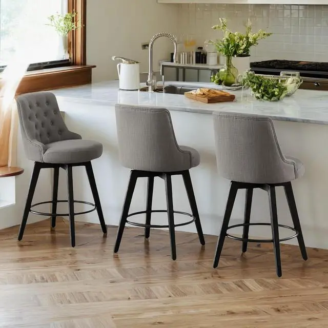 Alt view image 2 of 7 - Watson & Whitely Counter Height Bar Stools, Performance Fabric Upholstered Modern Swivel Barstool with Back, Solid Wood Legs, 26" H Seat, Flint Grey