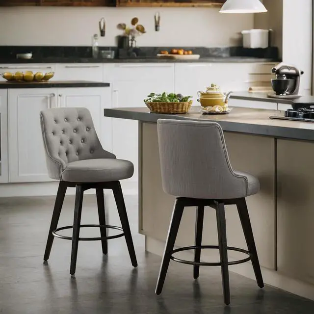 Alt view image 4 of 7 - Watson & Whitely Counter Height Bar Stools, Performance Fabric Upholstered Modern Swivel Barstool with Back, Solid Wood Legs, 26" H Seat, Flint Grey