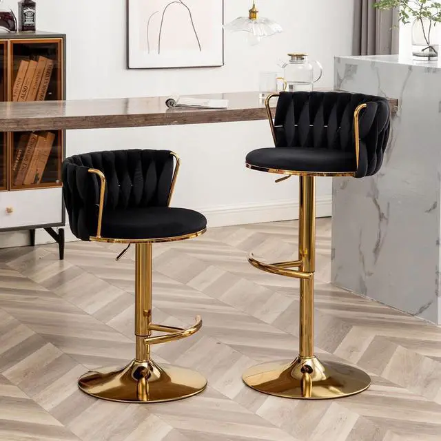 Alt view image 2 of 7 - Gold Velvet Bar Stools Set of 4, Swivel Counter Height Bar Stools with Back, Adjustable Woven Barstools for Kitchen Island, Pub, Club (Black)