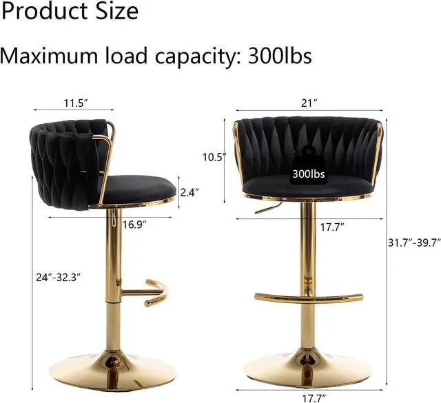 Alt view image 3 of 7 - Gold Velvet Bar Stools Set of 4, Swivel Counter Height Bar Stools with Back, Adjustable Woven Barstools for Kitchen Island, Pub, Club (Black)