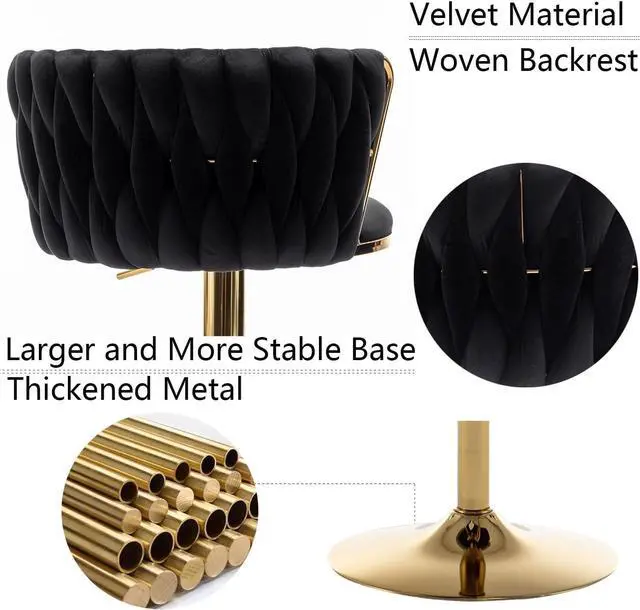 Alt view image 4 of 7 - Gold Velvet Bar Stools Set of 4, Swivel Counter Height Bar Stools with Back, Adjustable Woven Barstools for Kitchen Island, Pub, Club (Black)