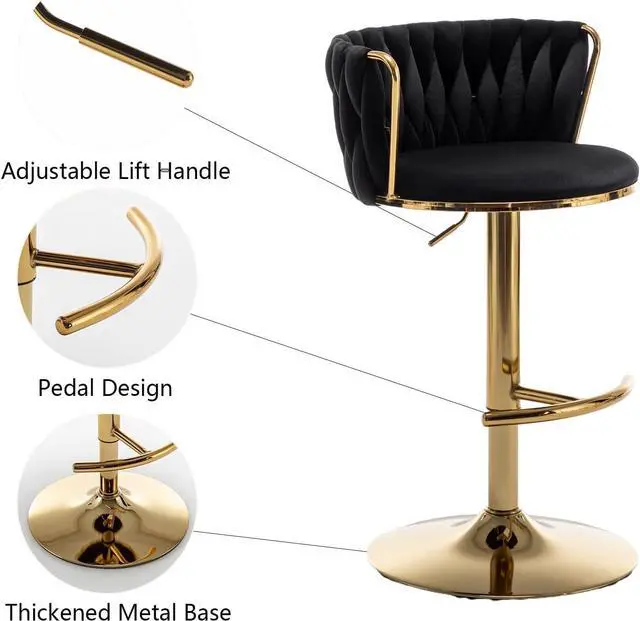 Alt view image 5 of 7 - Gold Velvet Bar Stools Set of 4, Swivel Counter Height Bar Stools with Back, Adjustable Woven Barstools for Kitchen Island, Pub, Club (Black)