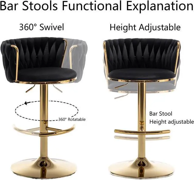 Alt view image 7 of 7 - Gold Velvet Bar Stools Set of 4, Swivel Counter Height Bar Stools with Back, Adjustable Woven Barstools for Kitchen Island, Pub, Club (Black)