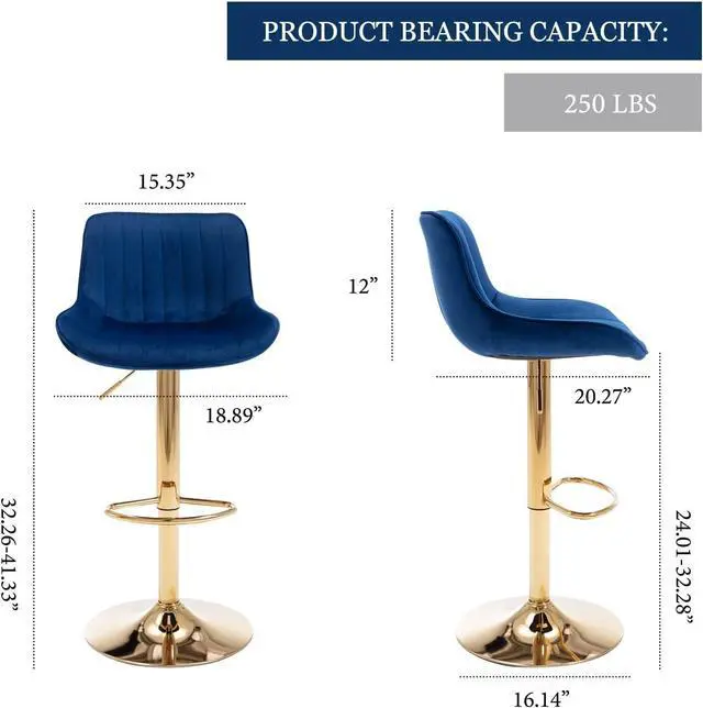 Alt view image 3 of 7 - Kiztir Velvet Bar Stools Set of 6, Adjustable Counter Height Bar Stools with Back and Footrest, Gold Swivel Bar Stools Set of 6 for Kitchen Island, Bar, Cafe (Blue)