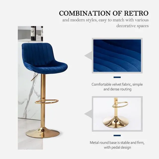Alt view image 3 of 7 - Kiztir Gold Velvet Bar Stools Set of 6, Adjustable Counter Height Bar Stools with Back & Footrest, Gold Swivel Bar Stools for Kitchen Island, Bar, Cafe (Blue)