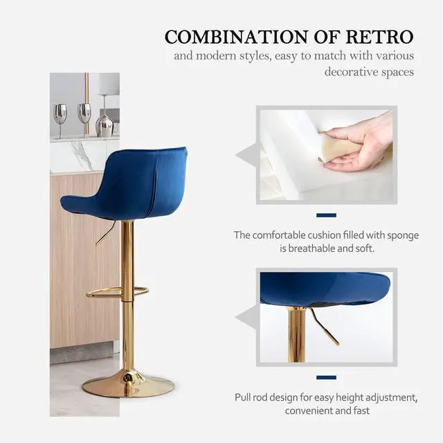 Alt view image 4 of 7 - Kiztir Gold Velvet Bar Stools Set of 6, Adjustable Counter Height Bar Stools with Back & Footrest, Gold Swivel Bar Stools for Kitchen Island, Bar, Cafe (Blue)