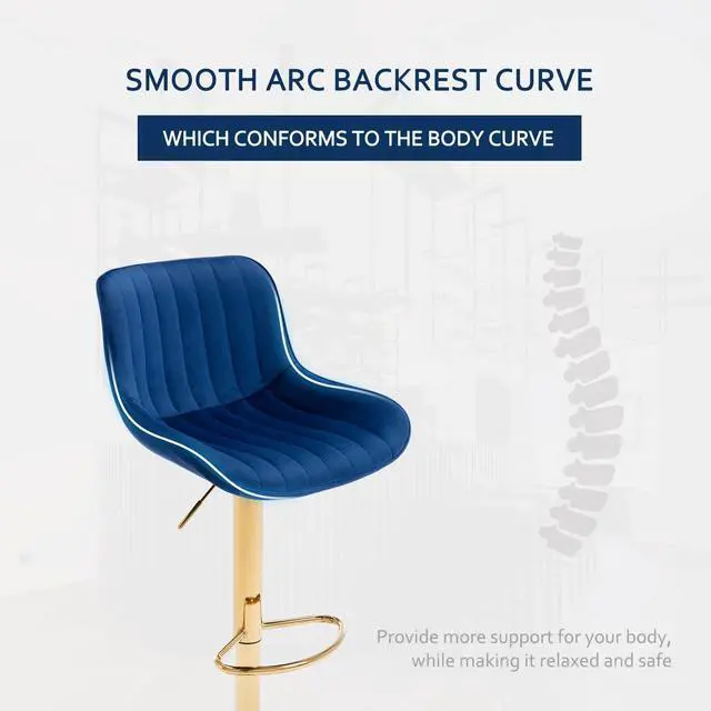 Alt view image 5 of 7 - Kiztir Gold Velvet Bar Stools Set of 6, Adjustable Counter Height Bar Stools with Back & Footrest, Gold Swivel Bar Stools for Kitchen Island, Bar, Cafe (Blue)