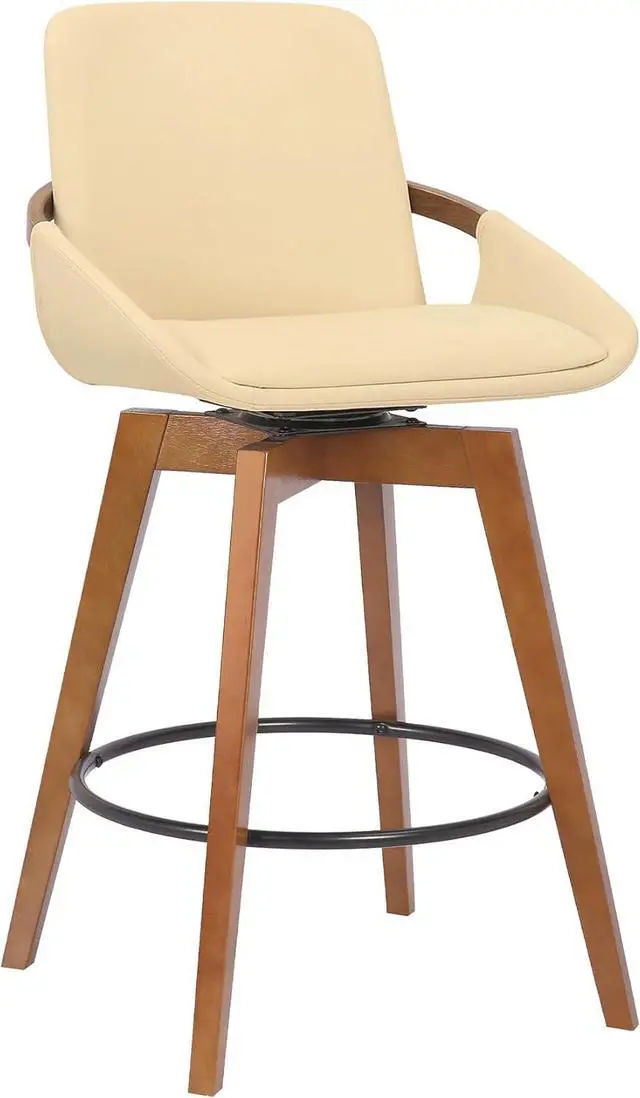 Main image of Armen Living Baylor Mid Century Modern Swivel Bar Stool for Kitchen Island Counter in Cream Faux Leather and Walnut Wood, 26" Seat Height