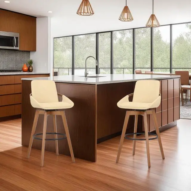 Alt view image 2 of 7 - Armen Living Baylor Mid Century Modern Swivel Bar Stool for Kitchen Island Counter in Cream Faux Leather and Walnut Wood, 26" Seat Height