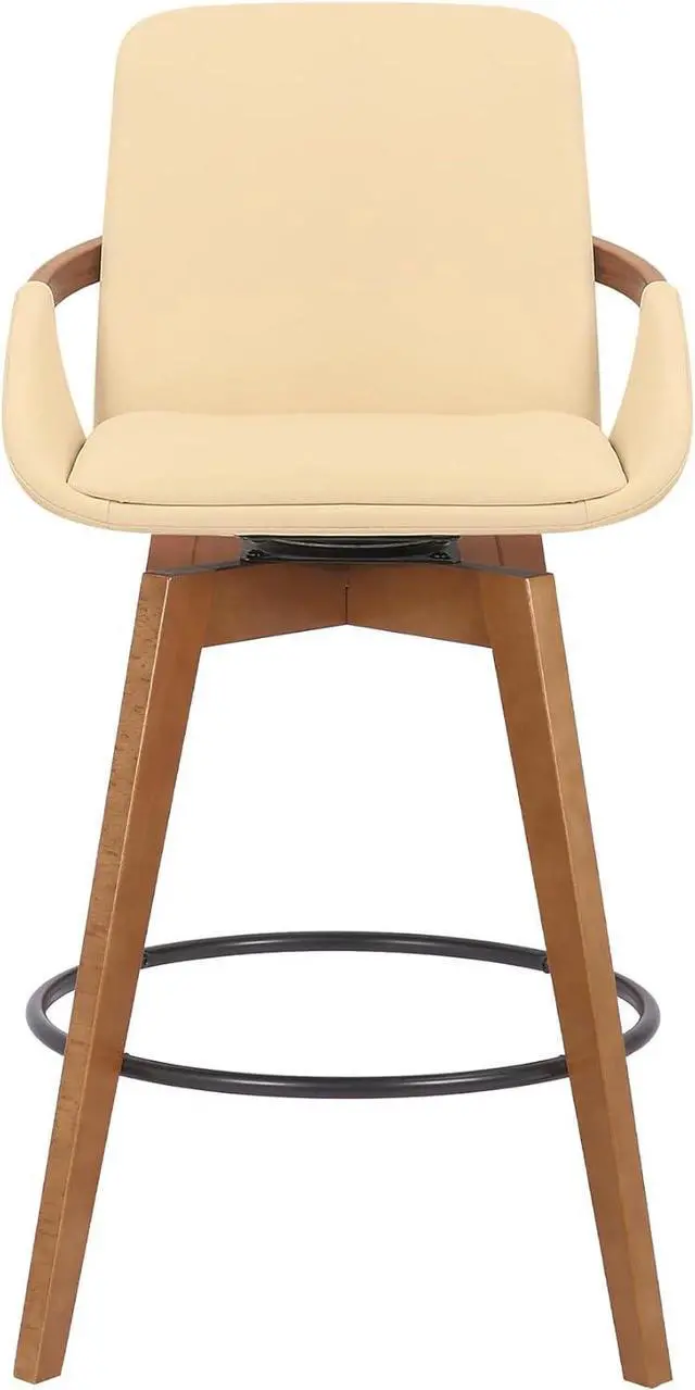 Alt view image 4 of 7 - Armen Living Baylor Mid Century Modern Swivel Bar Stool for Kitchen Island Counter in Cream Faux Leather and Walnut Wood, 26" Seat Height