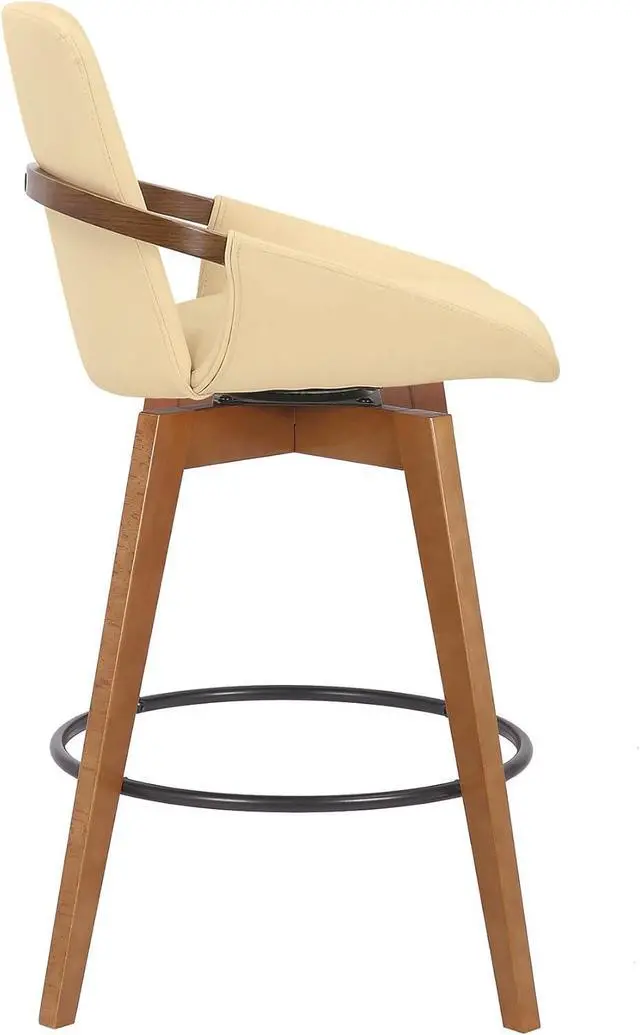 Alt view image 5 of 7 - Armen Living Baylor Mid Century Modern Swivel Bar Stool for Kitchen Island Counter in Cream Faux Leather and Walnut Wood, 26" Seat Height