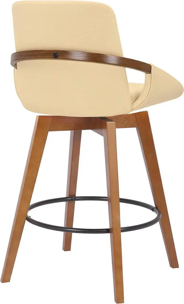 Alt view image 6 of 7 - Armen Living Baylor Mid Century Modern Swivel Bar Stool for Kitchen Island Counter in Cream Faux Leather and Walnut Wood, 26" Seat Height