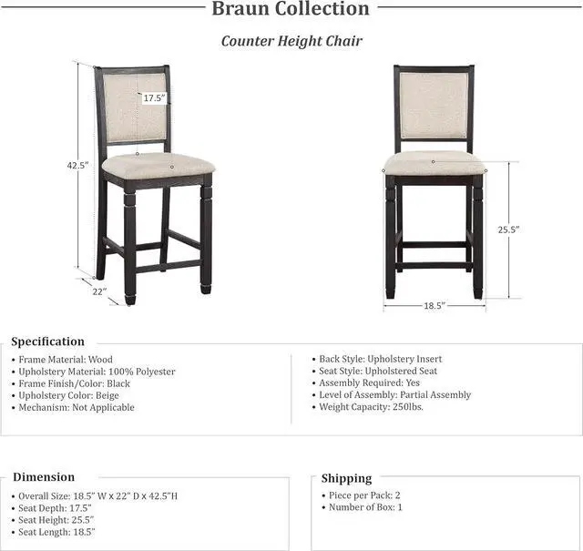 Alt view image 4 of 5 - Lexicon Braun Wood Dining Room Counter Height Bar Stool Set of 2, Farmhouse Dining Chairs Set of 2, Traditional Armless Kitchen Chair, Solid Wood Frame, Padded, Easy Assembly - Black