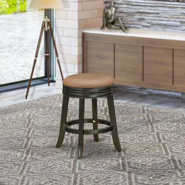 Alt view image 2 of 4 - East West Furniture DVS024-112 Devers Counter Stool Bar Chair - Round Shape Brown Roast PU Leather Upholstered Pub Height Backless Chairs, 24 inch Height, Black