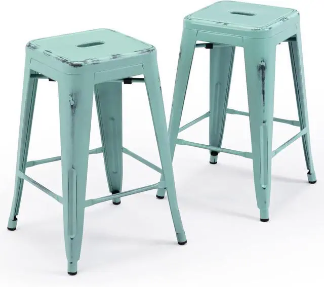 Main image of Vogue Furniture Direct 24 Inch Metal Bar Stools, Backless Counter Height Barstools, Indoor Outdoor Stackable Stools with Square Seat, Set of 2 (Distressed Mint Green)