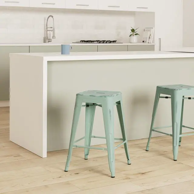 Alt view image 2 of 7 - Vogue Furniture Direct 24 Inch Metal Bar Stools, Backless Counter Height Barstools, Indoor Outdoor Stackable Stools with Square Seat, Set of 2 (Distressed Mint Green)